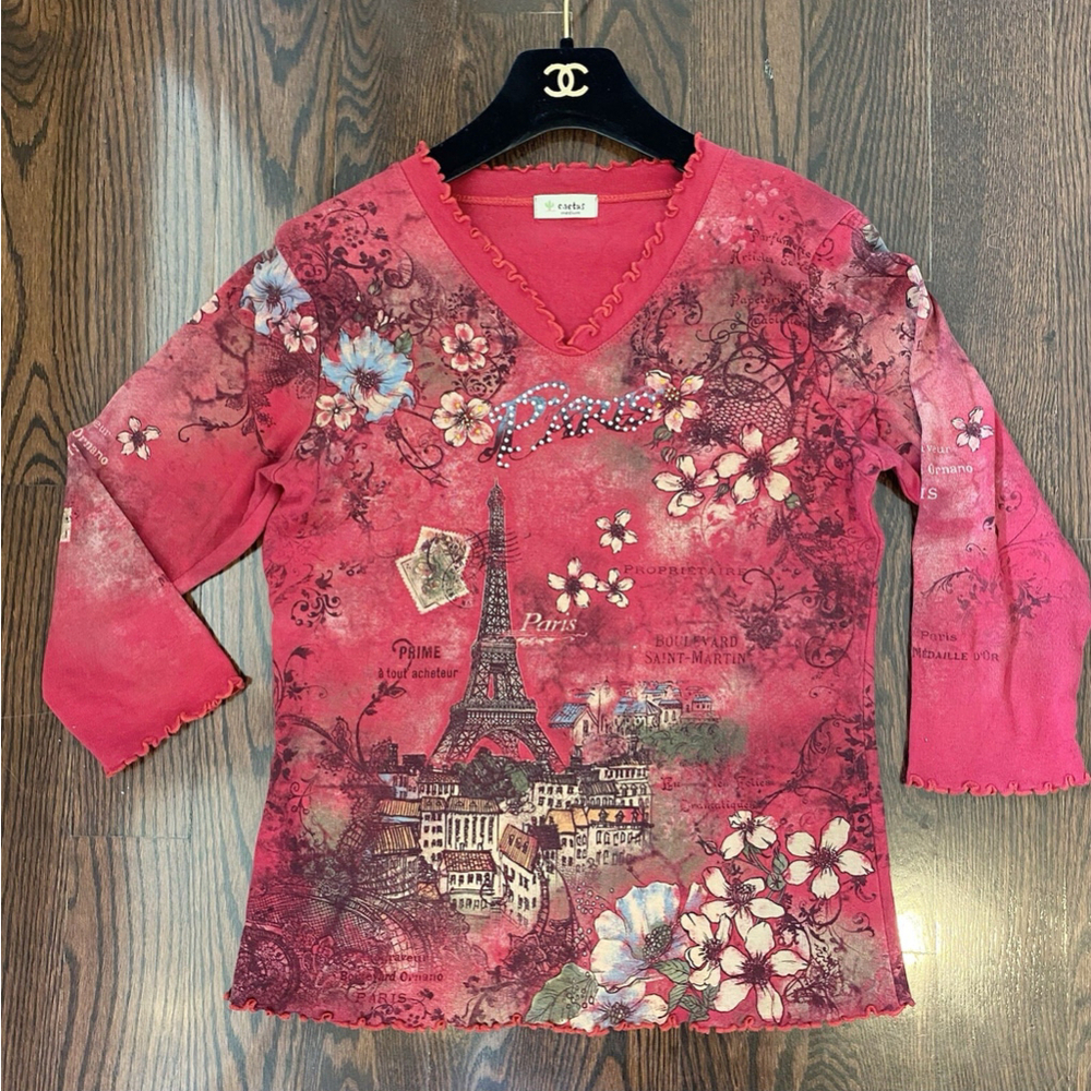 Y2K VTG Cactus Wild Paris Shirt Womens M 3/4 Sleeve Rhinestone